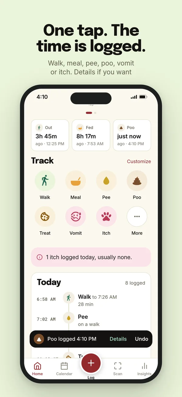 One tap logs a walk, meal, pee or poo with the time