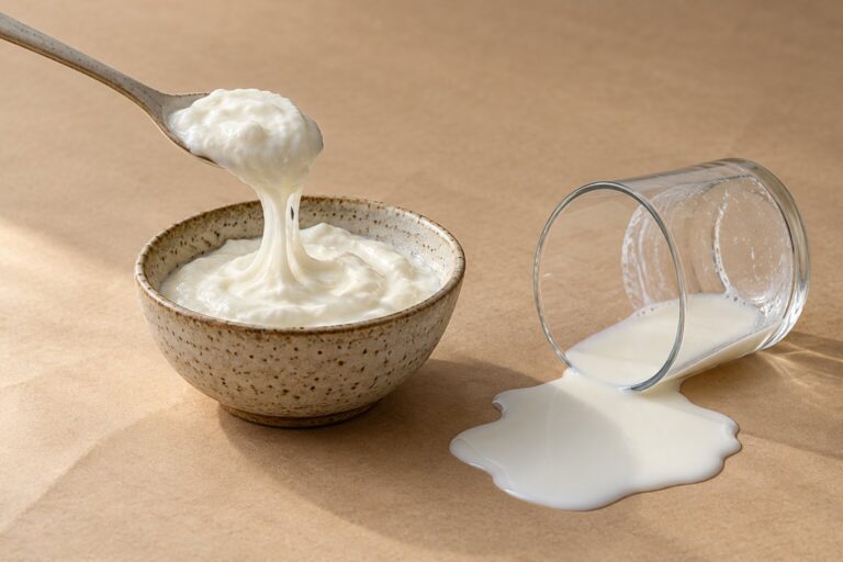 A spoonful of plain yogurt beside a small spilled puddle of milk on a warm beige backdrop