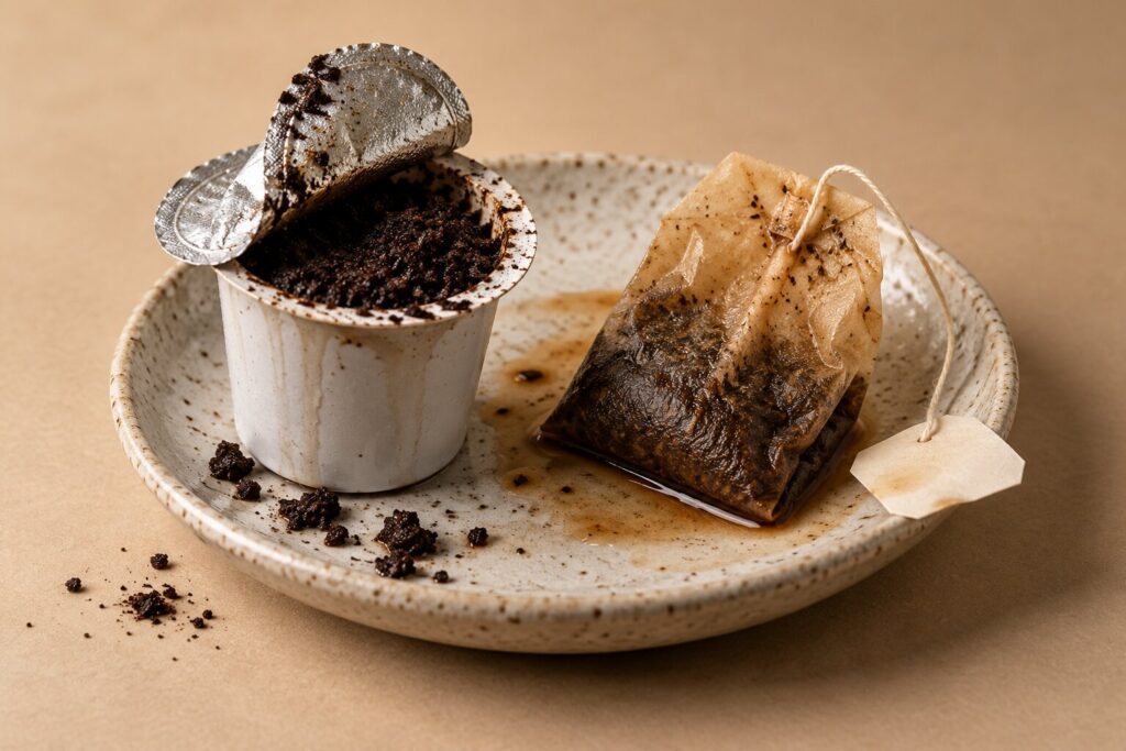 Can Dogs Eat Coffee And Tea? Why Caffeine Is A Never Food 1 A used coffee pod and a damp tea bag rest on a small speckled dish