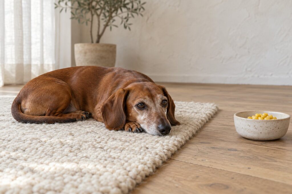 A dachshund rests on a cream rug near a small bowl of plain corn kernels