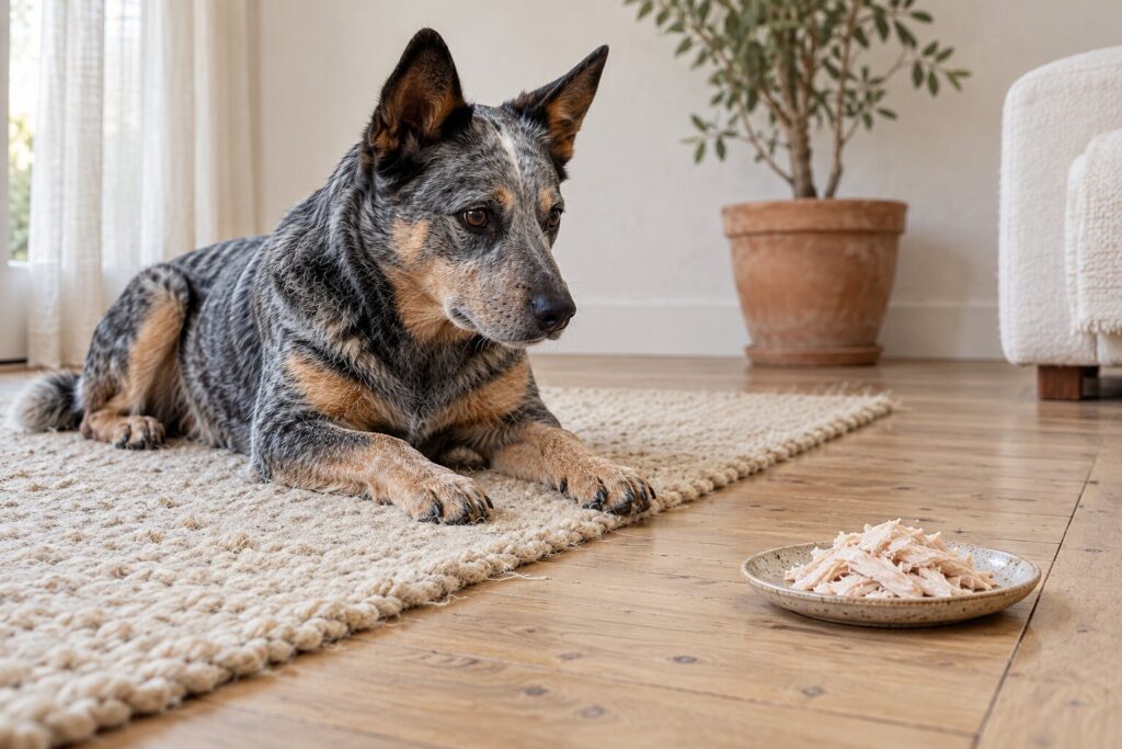 An Australian cattle dog rests on a rug near a plate of plain shredded turkey breast