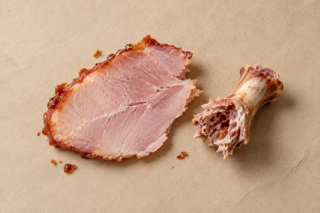 A glazed ham slice next to a splintered cooked ham bone fragment on an oat background