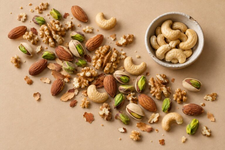 An assortment of almonds, walnuts, pistachios and cashews scattered on oat paper beside a small bowl