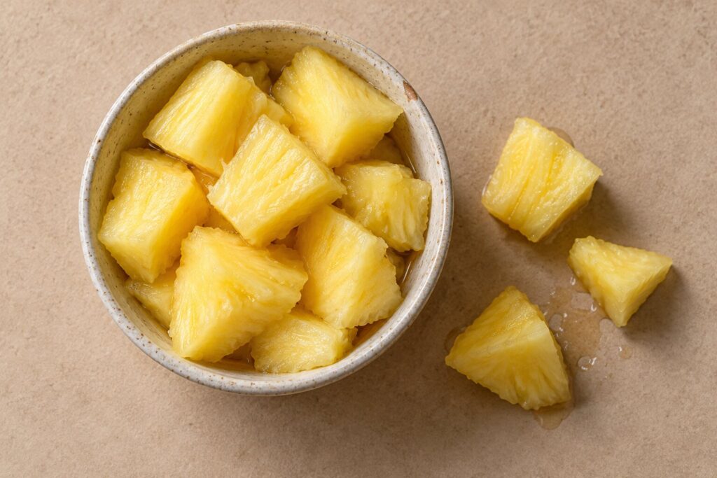 A ceramic bowl of fresh pineapple chunks on a warm oat background