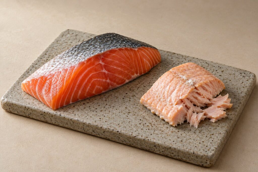 Raw salmon fillet and a small piece of cooked salmon fillet on a ceramic board