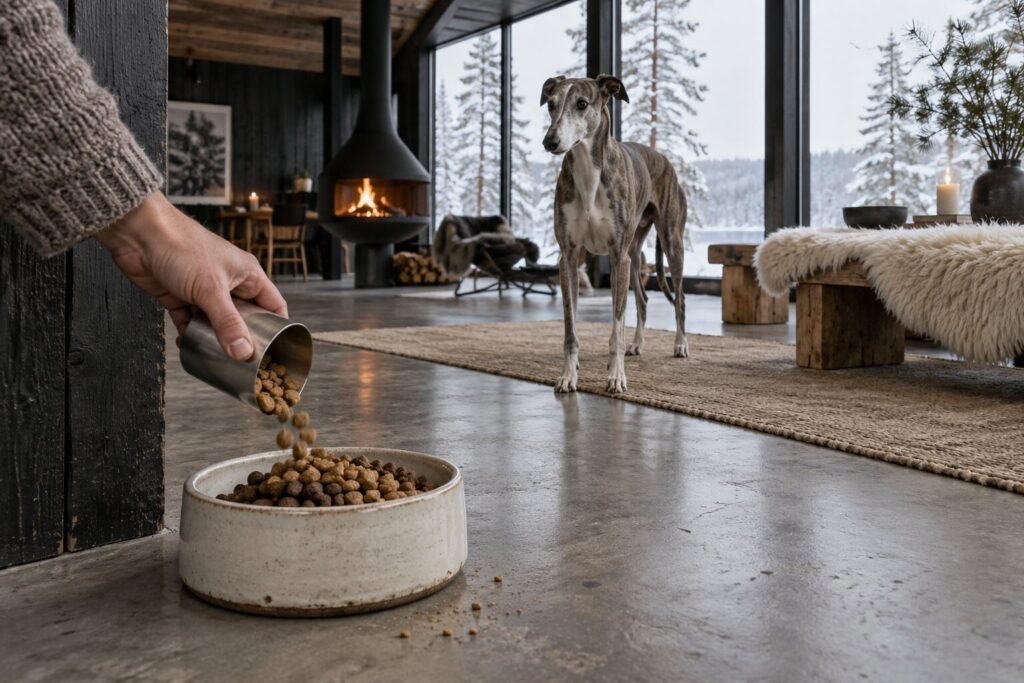Dog Digestion Problems: Causes, Warning Signs and What Diet Can Fix 2 A hand adds a small scoop of kibble to a bowl as a greyhound watches in a snowy modernist cabin.